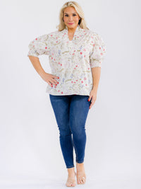 PLUS SIZE SHORT PUFF SLEEVE V-NECK RUFFLE FLORAL BLOUSE