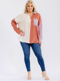 PLUS SIZE LONG SLEEVE BUTTON UP FRONT POCKET COLORBLOCK HIGH-LOW SHIRT