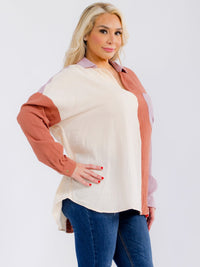 PLUS SIZE LONG SLEEVE BUTTON UP FRONT POCKET COLORBLOCK HIGH-LOW SHIRT