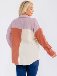 PLUS SIZE LONG SLEEVE BUTTON UP FRONT POCKET COLORBLOCK HIGH-LOW SHIRT