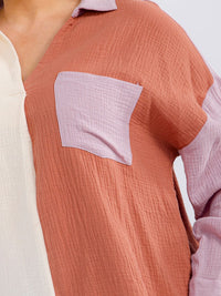 PLUS SIZE LONG SLEEVE BUTTON UP FRONT POCKET COLORBLOCK HIGH-LOW SHIRT