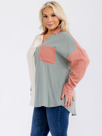 PLUS SIZE LONG SLEEVE BUTTON UP FRONT POCKET COLORBLOCK HIGH-LOW SHIRT