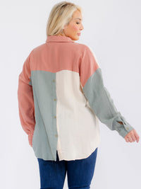 PLUS SIZE LONG SLEEVE BUTTON UP FRONT POCKET COLORBLOCK HIGH-LOW SHIRT