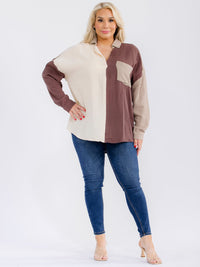 PLUS SIZE LONG SLEEVE BUTTON UP FRONT POCKET COLORBLOCK HIGH-LOW SHIRT