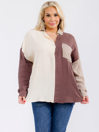 PLUS SIZE LONG SLEEVE BUTTON UP FRONT POCKET COLORBLOCK HIGH-LOW SHIRT