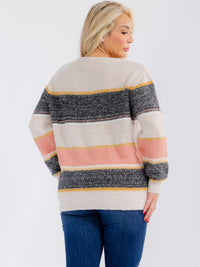 PLUS SIZE LONG SLEEVE COLORBLOCK STRIPES PULLOVER SWEATER