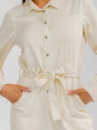 WOMEN'S LONG SLEEVE BUTTON UP SELF TIE STARIGHT LEG WASHED DENIM JUMPSUIT