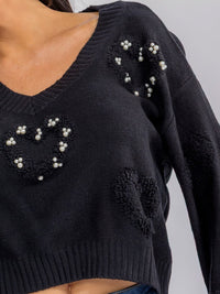 WOMEN'S LONG SLEEVE V-NECK HEART DETAILED PULLOVER SWEATER
