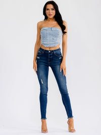 WOMEN'S SLEEVELESS SMOCK WASHED DENIM CROP TOP