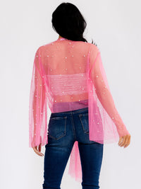 WOMEN'S LONG BELL SLEEVE OPEN FRONT PEARL DETAILED MESH CARDIGAN