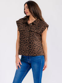 WOMEN'S SLEEVELESS BUTTON UP FRONT POCKETS ANIMAL PRINT VEST