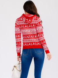 WOMEN'S LONG SLEEVE MULTI PRINT HOODED PULLOVER HOLIDAY SWEATER