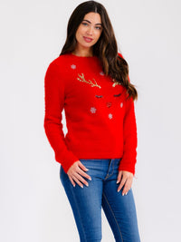 WOMEN'S LONG SLEEVE SEQUINS GRAPHIC PULLOVER HOLIDAY SWEATER