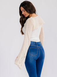 WOMEN'S LONG BELL SLEEVE DISTRESS CROCHET KNIT SHRUG SWEATER