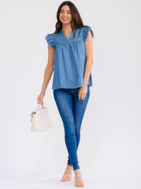 WOMEN'S RUFFLE SLEEVE V-NECK CHAMBRAY BLOUSE