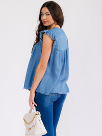 WOMEN'S RUFFLE SLEEVE V-NECK CHAMBRAY BLOUSE