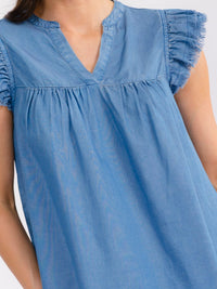 WOMEN'S RUFFLE SLEEVE V-NECK CHAMBRAY BLOUSE
