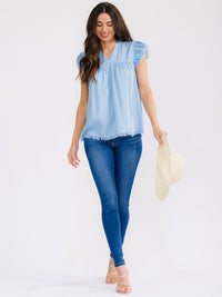 WOMEN'S RUFFLE SLEEVE V-NECK CHAMBRAY BLOUSE