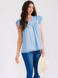 WOMEN'S RUFFLE SLEEVE V-NECK CHAMBRAY BLOUSE
