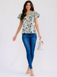 WOMEN'S SHORT PUFF SLEEVE V-NECK FLORAL BLOUSE