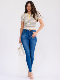 WOMEN'S SHORT SLEEVE BUTTON UP STRIPES COLORBLOCK TOP