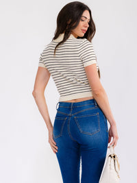 WOMEN'S SHORT SLEEVE BUTTON UP STRIPES COLORBLOCK TOP