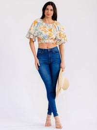WOMEN'S SHORT PUFF SLEEVE OPEN BACK FLORAL CROP TOP