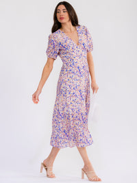 WOMEN'S SHORT SLEEVE V-NECK BUTTON UP FRONT POCKETS FLORAL MAXI DRESS