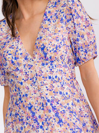 WOMEN'S SHORT SLEEVE V-NECK BUTTON UP FRONT POCKETS FLORAL MAXI DRESS