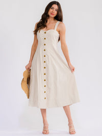 WOMEN'S SLEEVELESS BUTTON CLOSURE FLARE DENIM MAXI DRESS