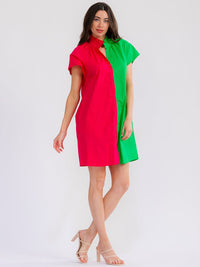 WOMEN'S SHORT SLEEVE BUTTON UP FRONT POCKETS COLORBLOCK MINI DRESS