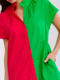 WOMEN'S SHORT SLEEVE BUTTON UP FRONT POCKETS COLORBLOCK MINI DRESS