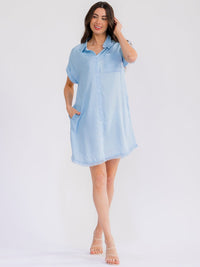 WOMEN'S SHORT SLEEVE BUTTON UP FRONT POCKETS CHAMBRAY MINI DRESS