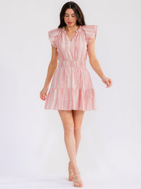 WOMEN'S RUFFLE SLEEVE V-NECK FRONT POCKETS ELASTIC WAIST STRIPES MINI DRESS
