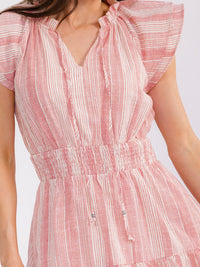 WOMEN'S RUFFLE SLEEVE V-NECK FRONT POCKETS ELASTIC WAIST STRIPES MINI DRESS