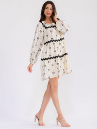 WOMEN'S LONG SLEEVE SQUARE NECK BOWS PRINT TIERED TUNIC MINI DRESS