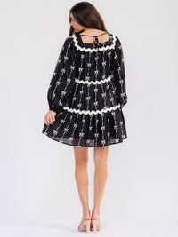 WOMEN'S LONG SLEEVE SQUARE NECK BOWS PRINT TIERED TUNIC MINI DRESS