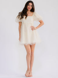 WOMEN'S SHORT PUFF SLEEVE SQUARE NECK PEARL SHIMMER MINI DRESS