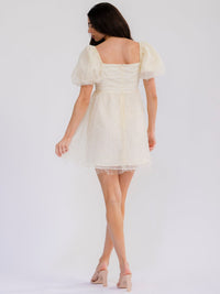 WOMEN'S SHORT PUFF SLEEVE SQUARE NECK PEARL SHIMMER MINI DRESS