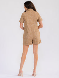 WOMEN'S SHORT SLEEVE BUTTON UP FRONT POCKETS DENIM TIE DYE ROMPER