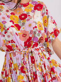 WOMEN'S SHORT SLEEV BELTED FLORAL MINI DRESS