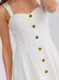 WOMEN'S SLEEVELESS BUTTON CLOSURE FLARE DENIM MAXI DRESS