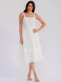 WOMEN'S SLEEVELESS TIERED EYELET MIDI DRESS