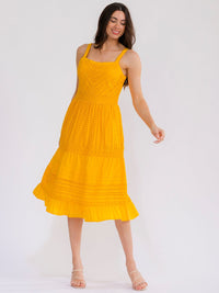 WOMEN'S SLEEVELESS TIERED EYELET MIDI DRESS