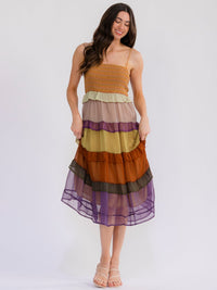 WOMEN'S SLEEVELESS SQUARE NECK SMOCK RUFFLE TIERED COLORBLOCK MIDI DRESS