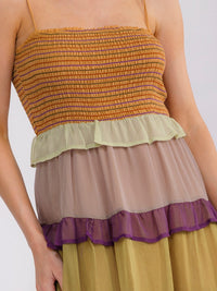 WOMEN'S SLEEVELESS SQUARE NECK SMOCK RUFFLE TIERED COLORBLOCK MIDI DRESS