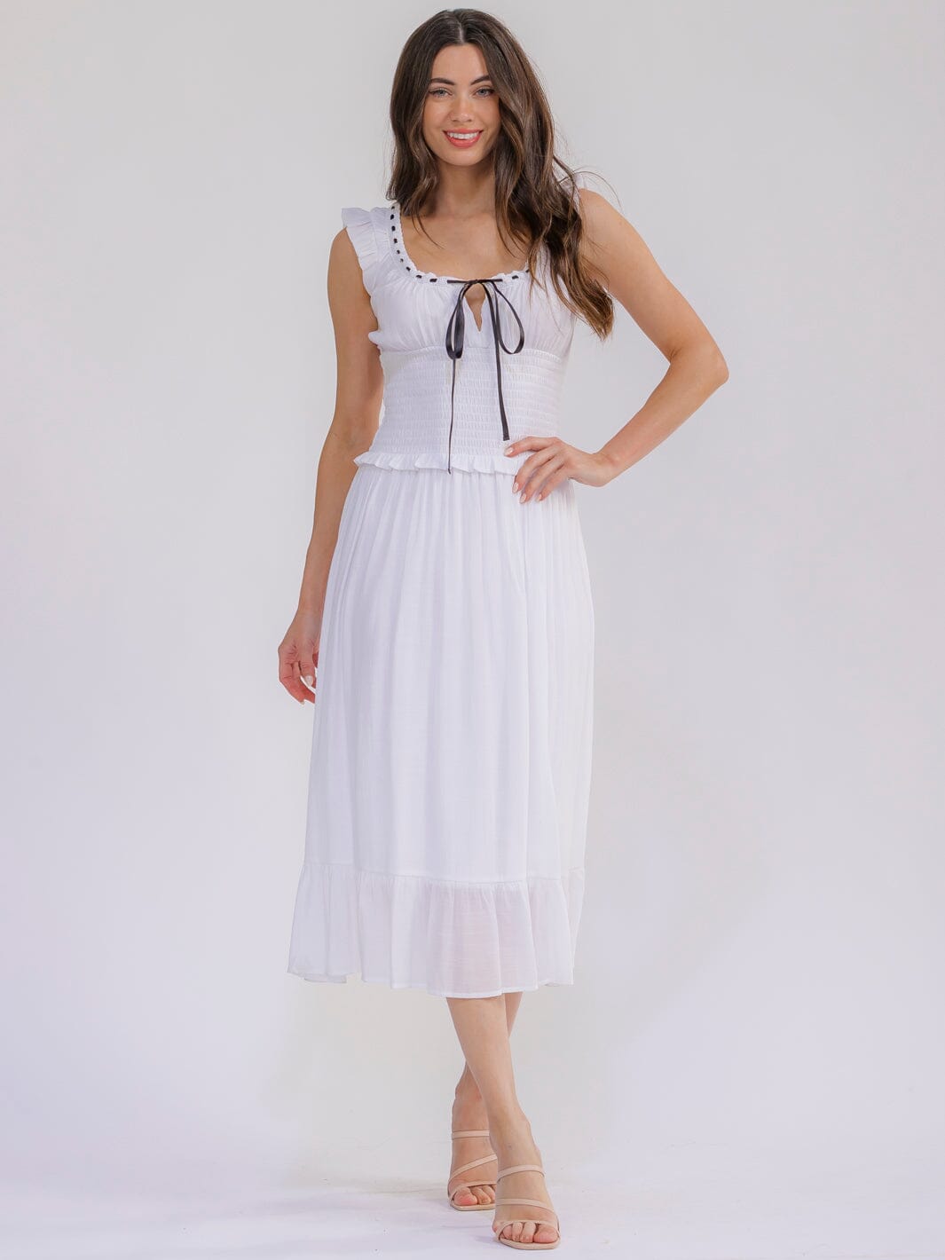 WOMEN'S SLEEVELESS V-NECK SMOCK WAIST MAXI DRESS White / 2S-2M-2L