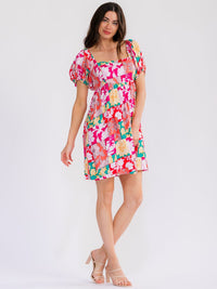 WOMEN'S SHORT SLEEVE SQUARE NECK SMOCK FLORAL MINI DRESS