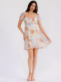 WOMEN'S SHORT SLEEVE SMOCK TIERED ELASTIC WAIST FLORAL MINI DRESS