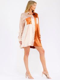 WOMEN'S LONG SLEEVE BUTTON UP FRONT POCKETS RHINESTONES COLORBLOCK MINI DRESS
